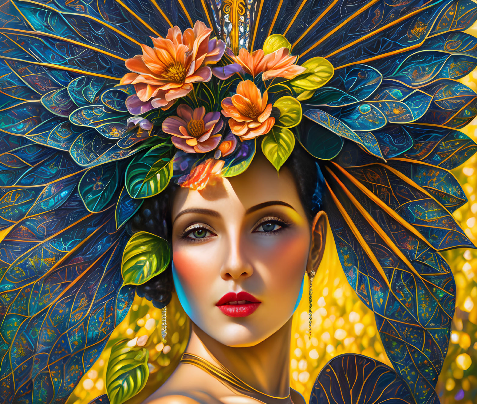 Colorful digital artwork of woman with ornate headdress resembling peacock feathers.