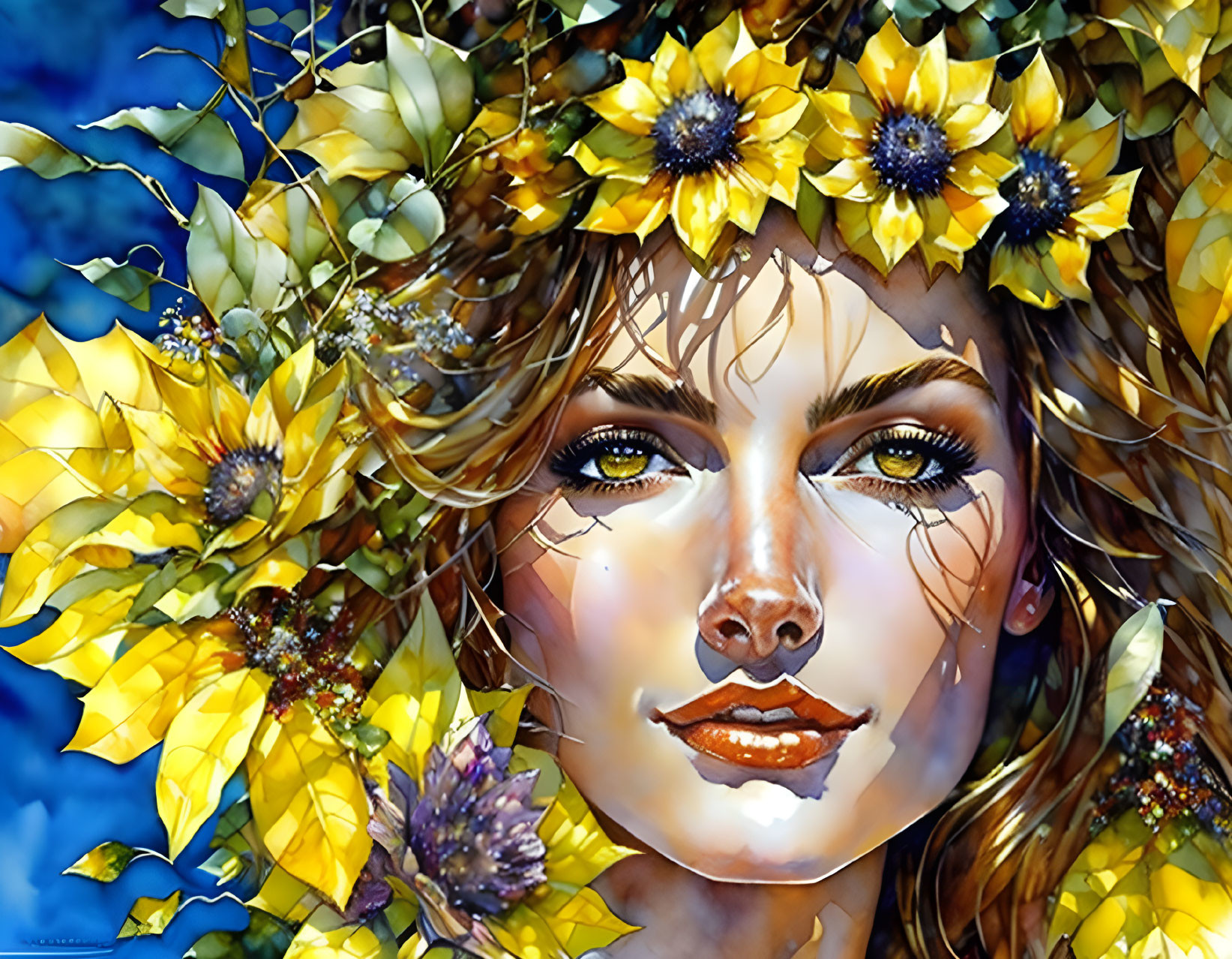 Woman with Floral Headdress in Yellow Sunflowers and Ivy on Rich Blue Background