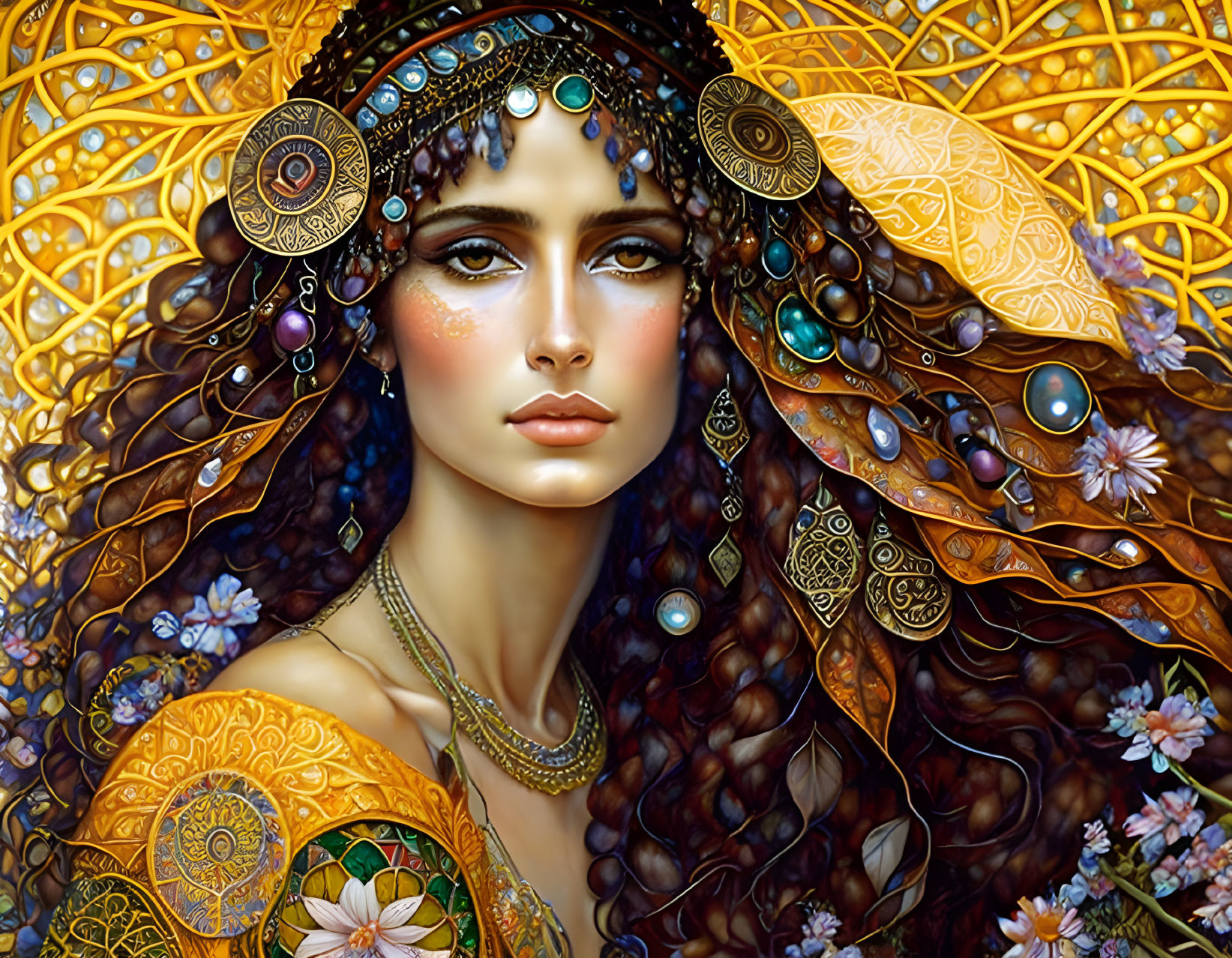 Detailed portrait of woman with gold headdress and jewelry against mosaic background