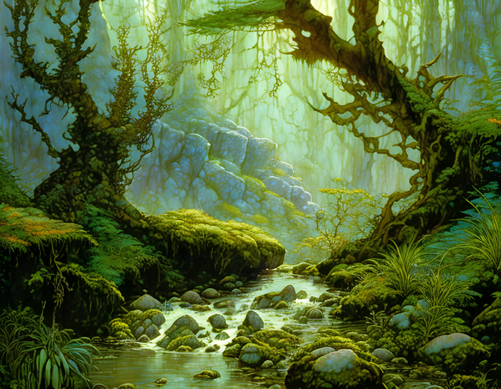 Moss-covered trees, stream, sunlight in misty forest