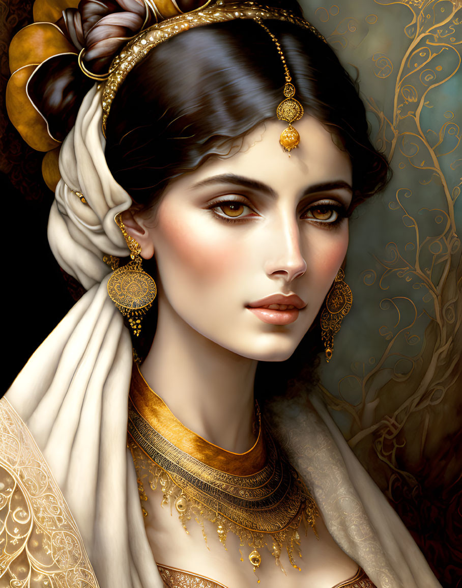 Detailed illustration of woman in white and gold attire with intricate jewelry against patterned backdrop