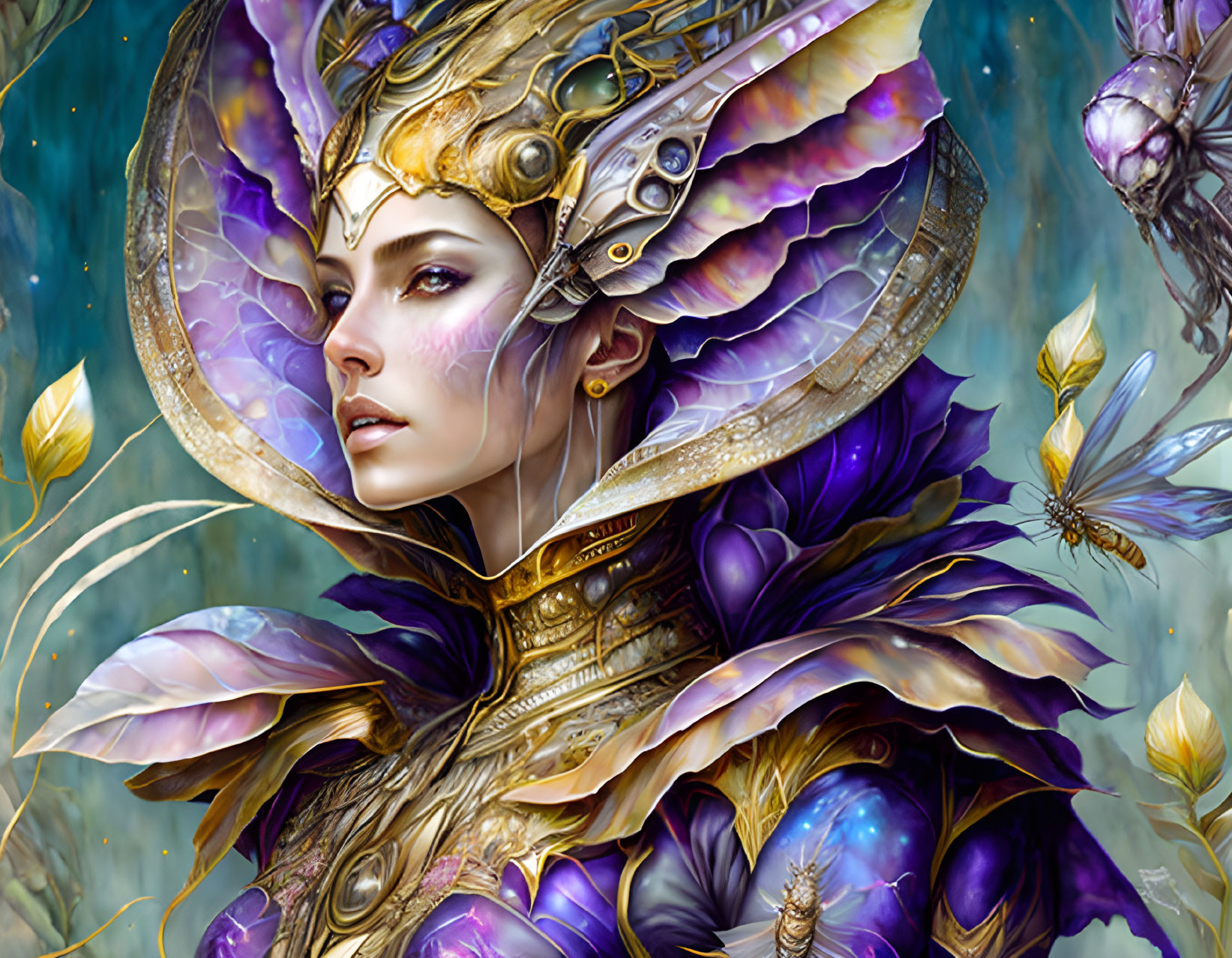 Majestic fantasy character in golden armor with purple butterfly wings and ethereal surroundings