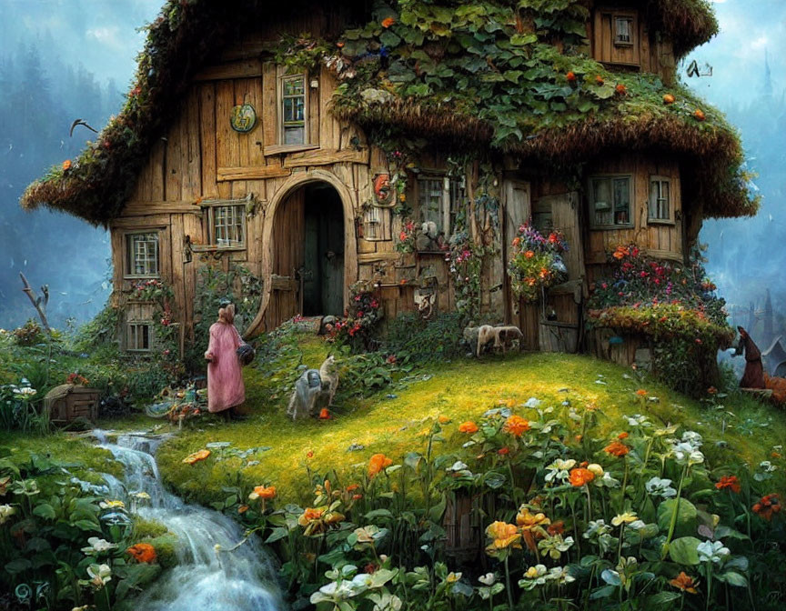 Quaint cottage with thatched roof, flowers, stream, figure, and animals