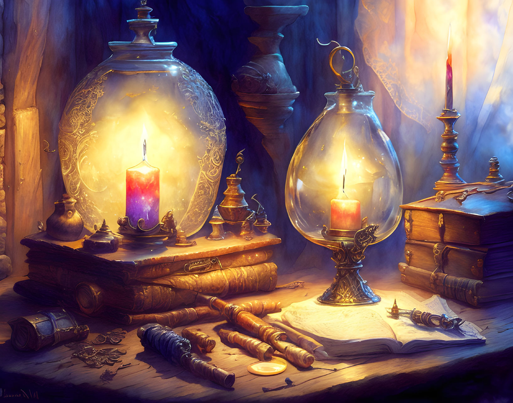 Mystical still life: glowing candles, antique books, scrolls, inkpot, quill