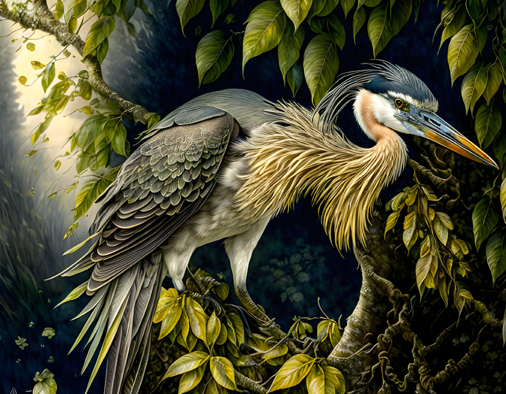 Detailed illustration: Great blue heron on tree branch in lush green foliage