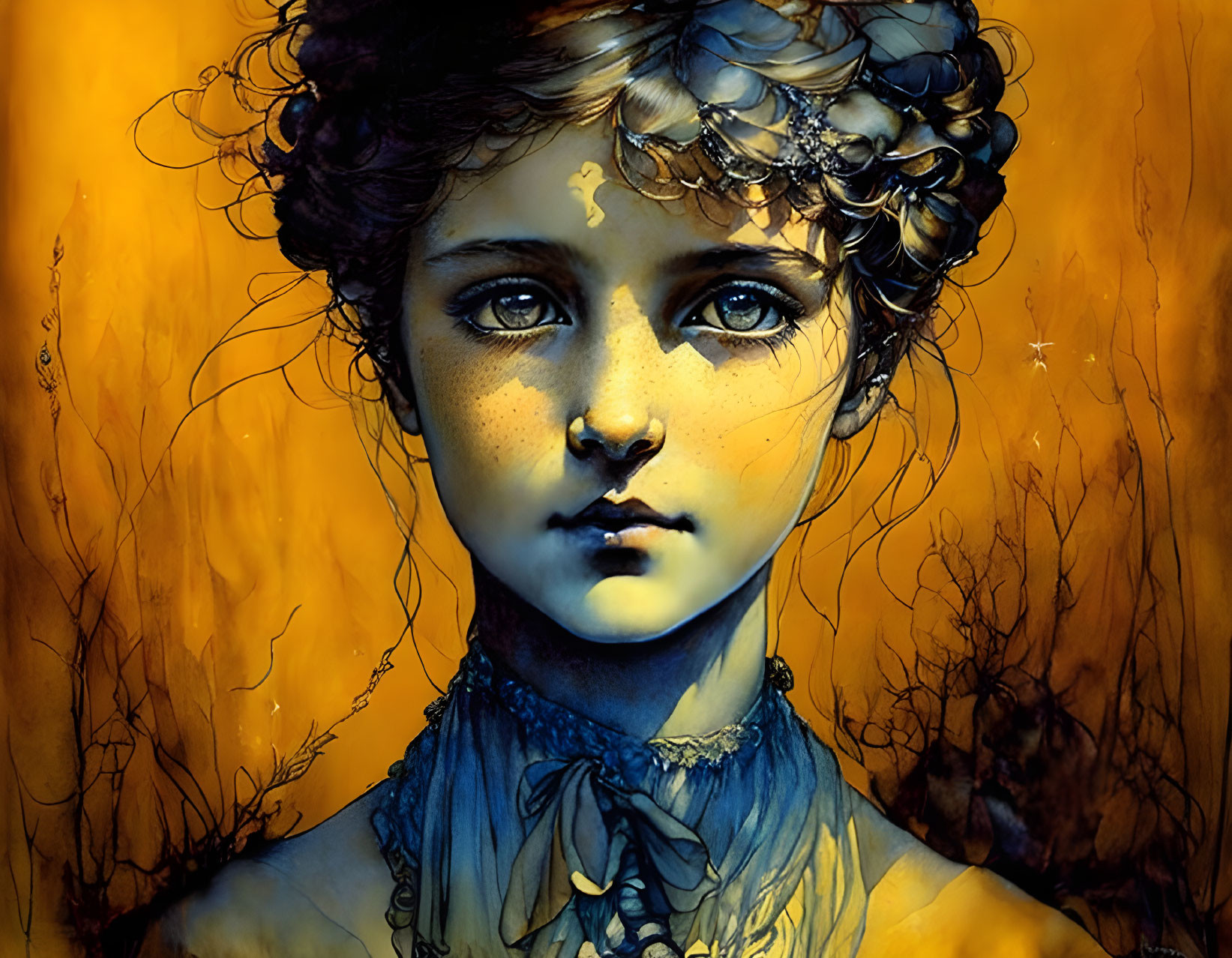 Detailed portrait of young woman against golden background with tree silhouette