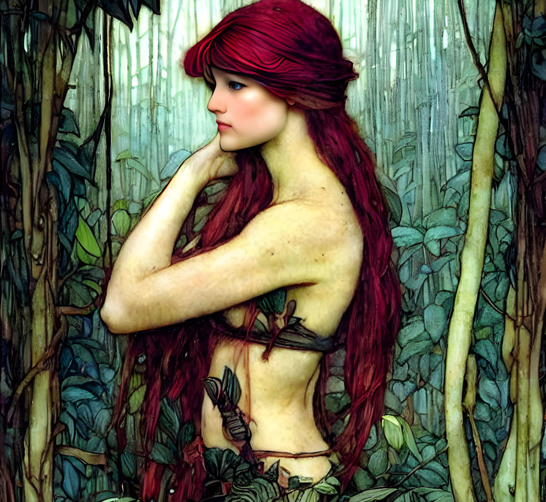 Illustration of woman with long red hair in forest setting