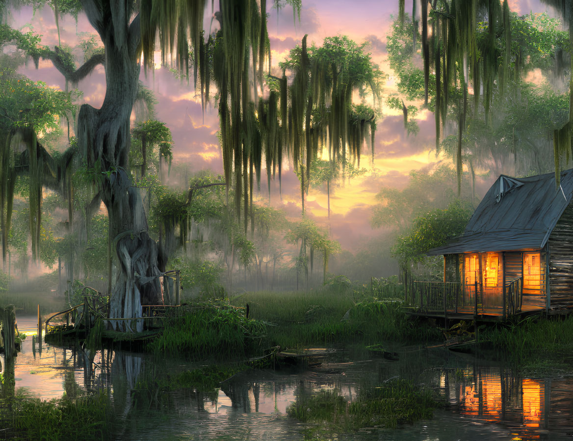 Tranquil sunset swamp scene with cabin, moss-draped trees, and reflective water