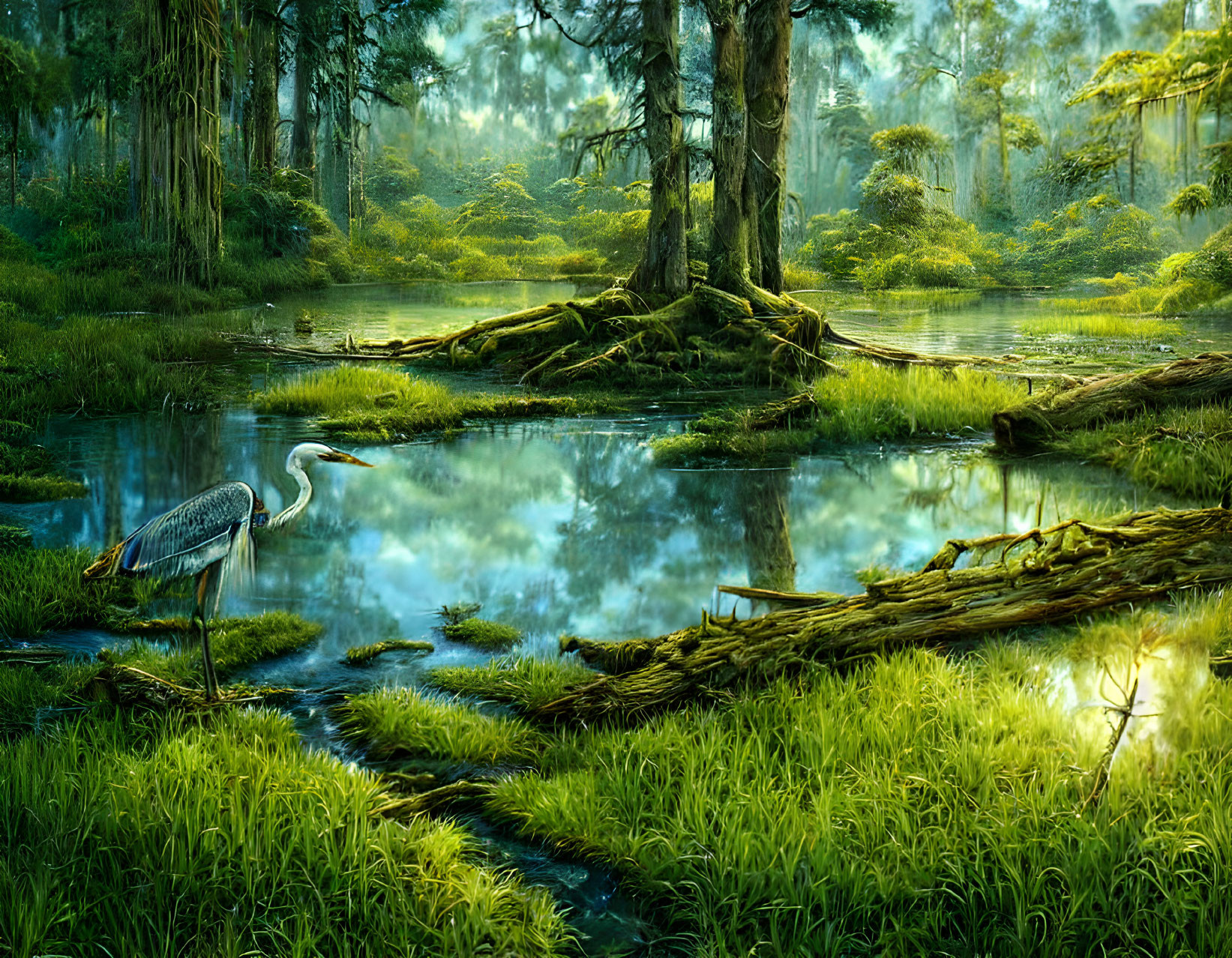 Tranquil wetland scene with heron, lush greenery, and sunlight