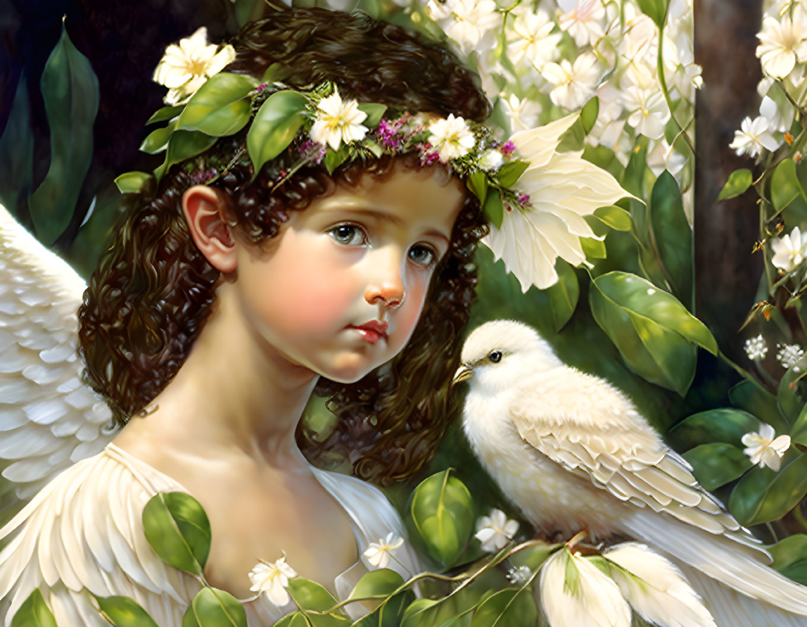 Young angelic figure with curly hair, floral wreath, white wings, greenery, flowers,