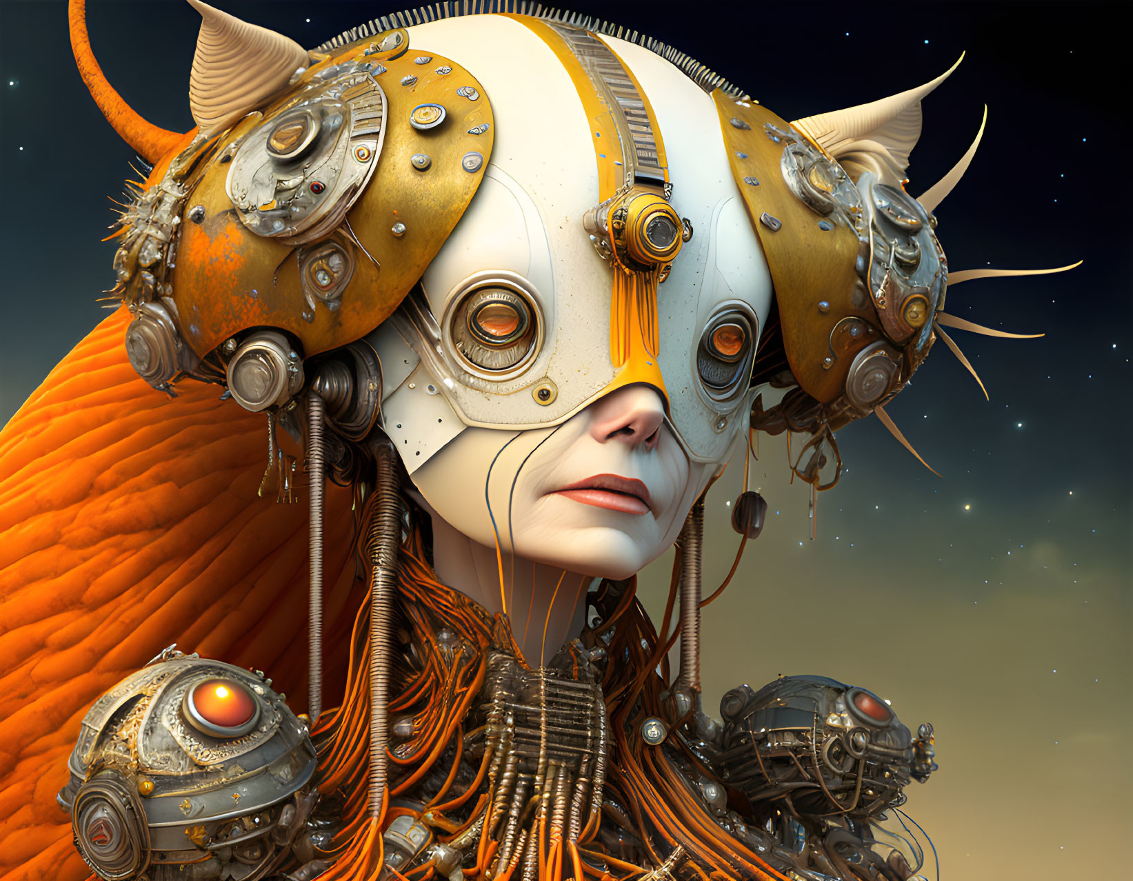 Digital artwork of humanoid figure with ornate mechanical headpiece against starry backdrop