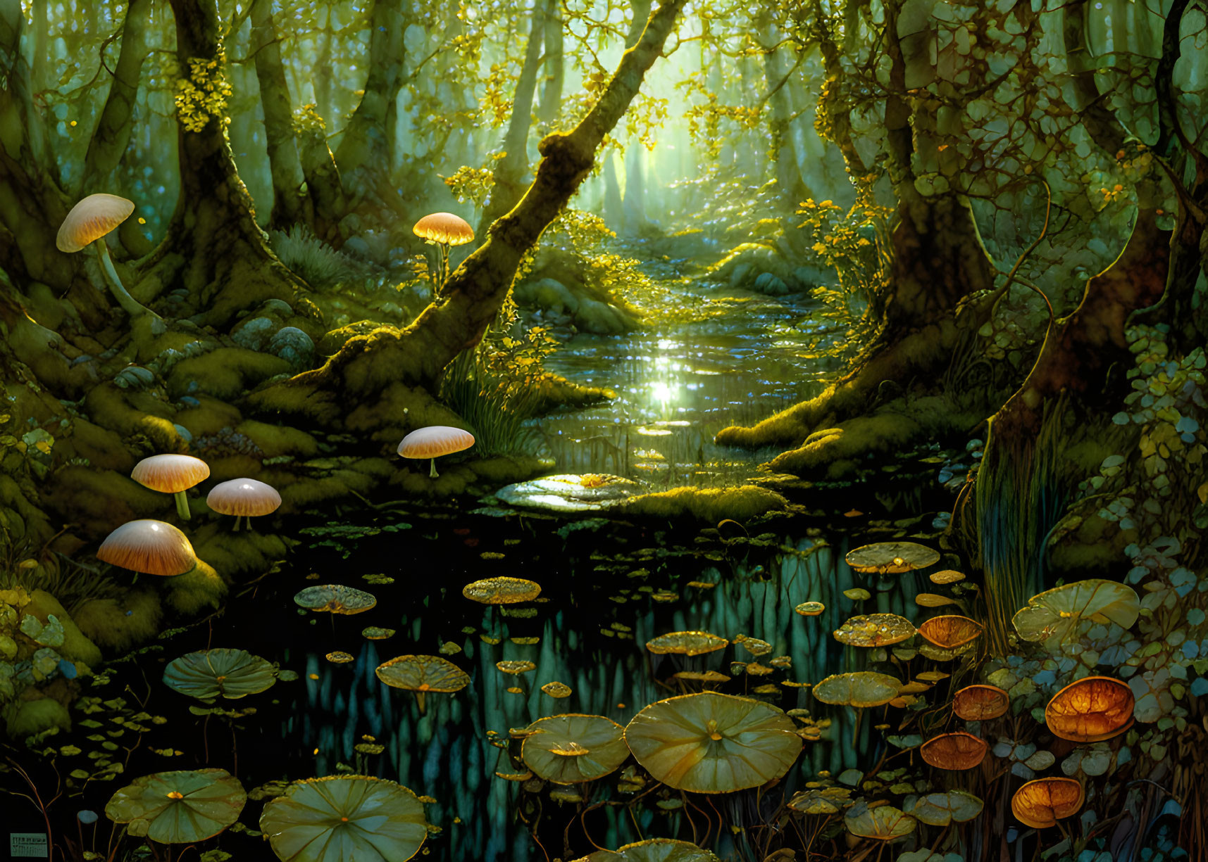 Enchanting forest scene with glowing mushrooms and serene creek