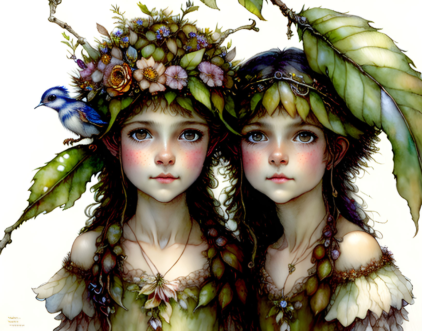 Twin girls with nature elements and blue bird in serene illustration