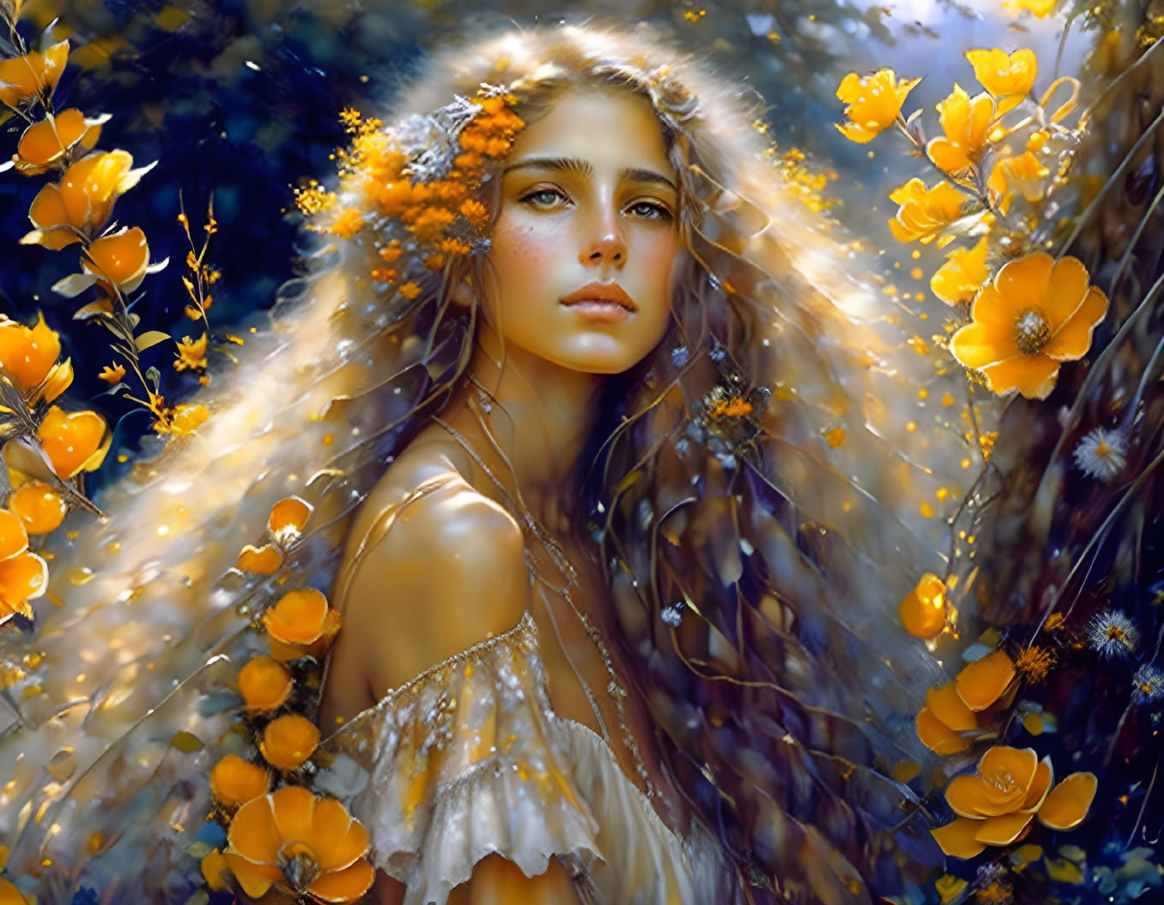 Woman in Vibrant Yellow Flower Surroundings