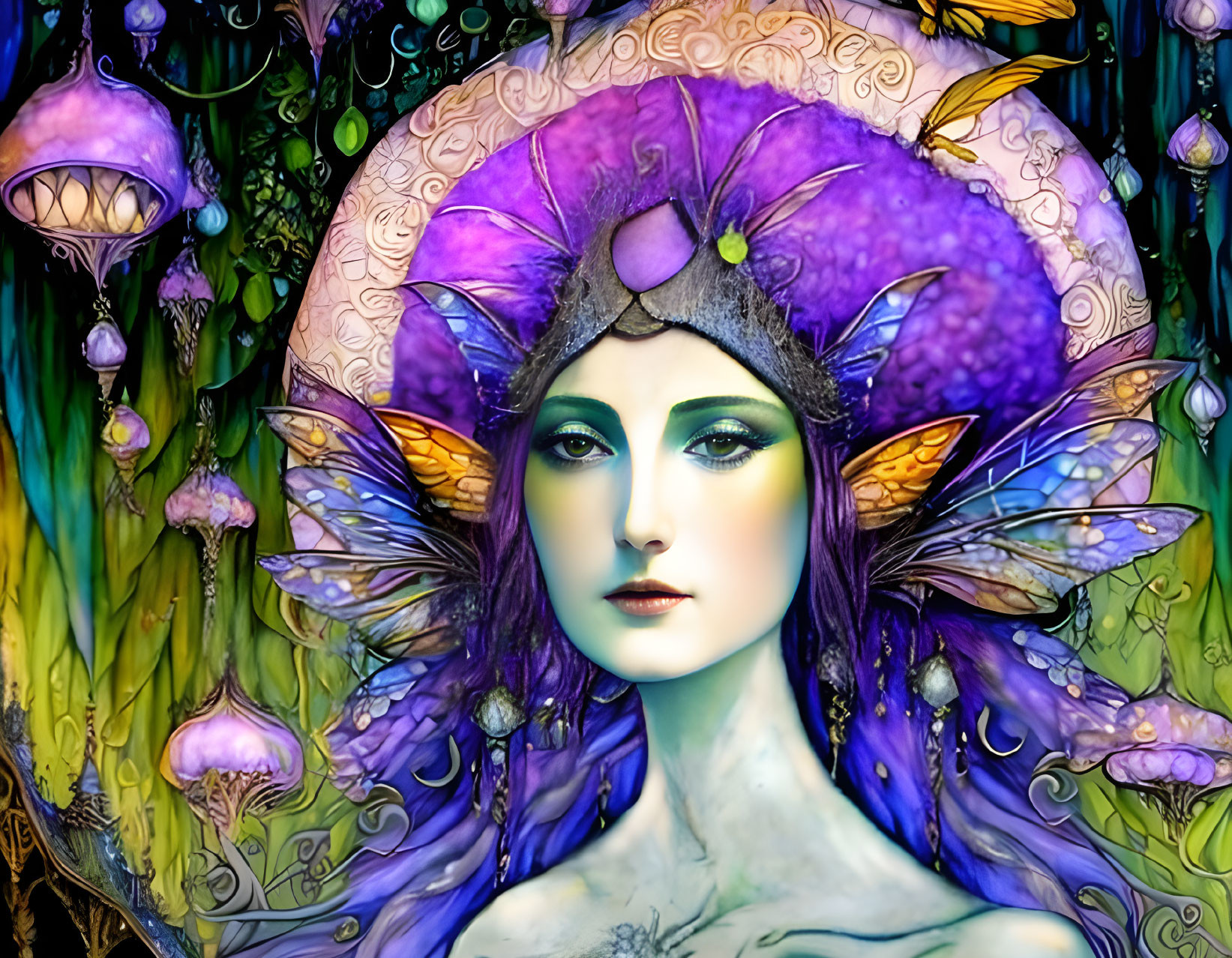 Colorful mythical fairy illustration with intricate wings and luminescent floral backdrop