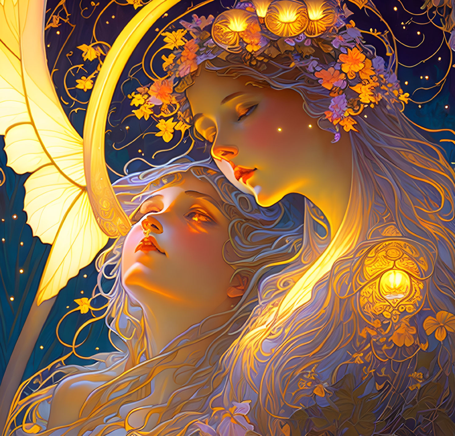 Ethereal women with floral crowns under crescent moon