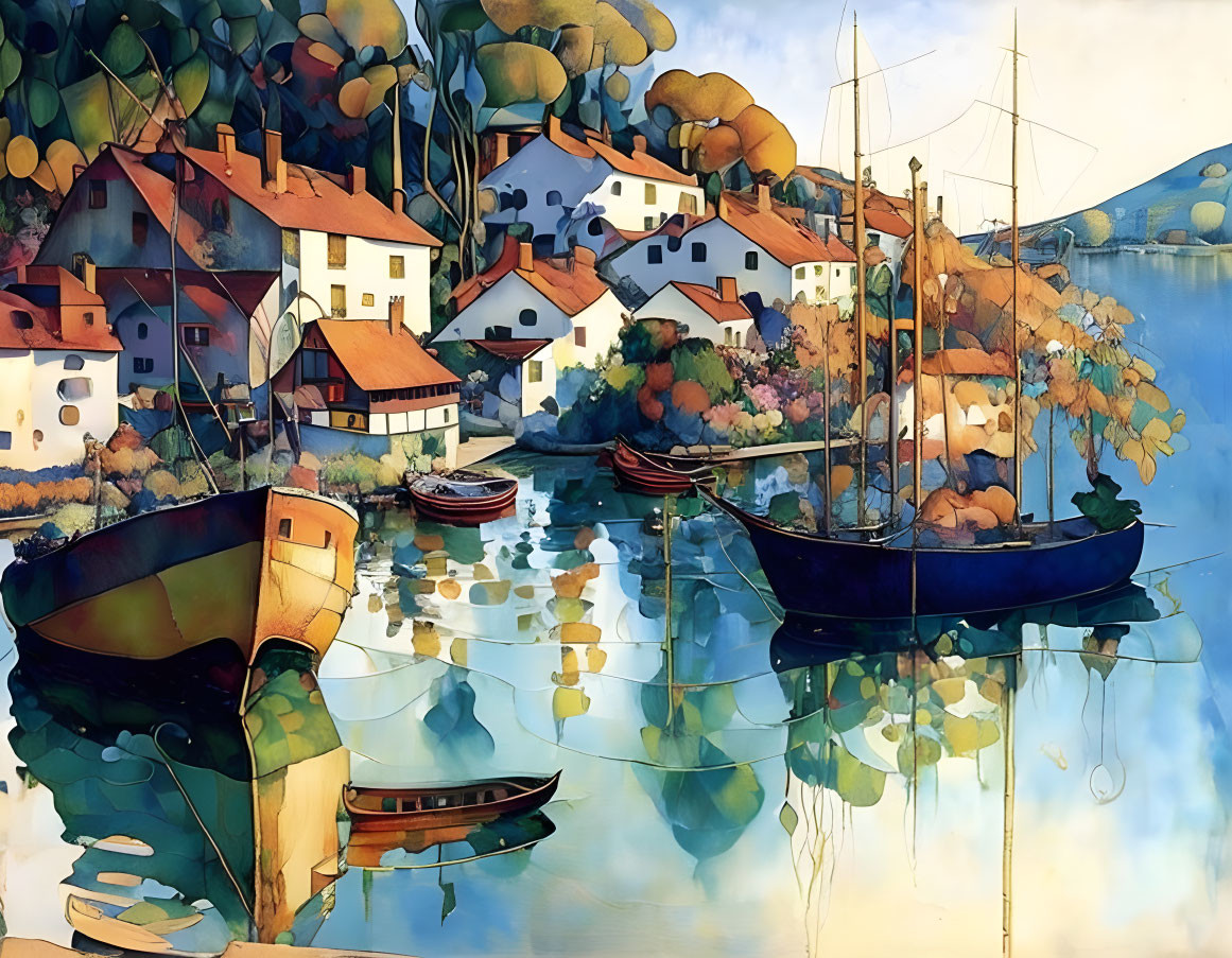 Vibrant painting of tranquil village by water with boats