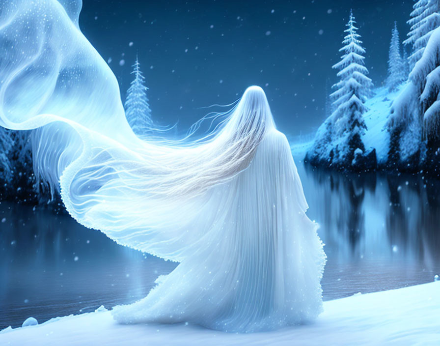 Mystical figure in white cloak gazes over snowy landscape