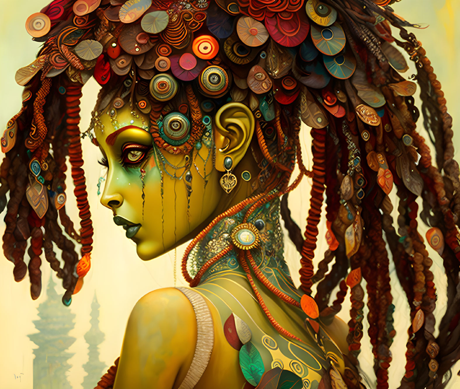 Colorful headdress and intricate jewelry on female figure in exotic artwork