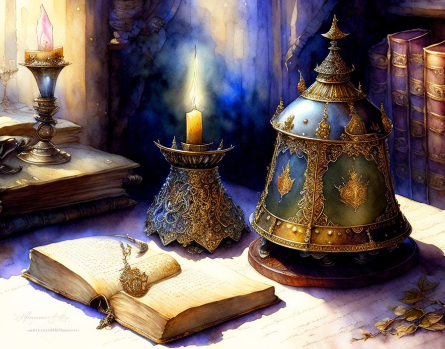 Still Life with Open Book, Lit Candle, Incense Burner, and Leaves on Desk