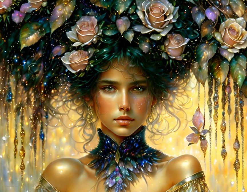 Fantasy portrait of woman with green hair, roses, jewels, celestial motifs, and butterfly collar