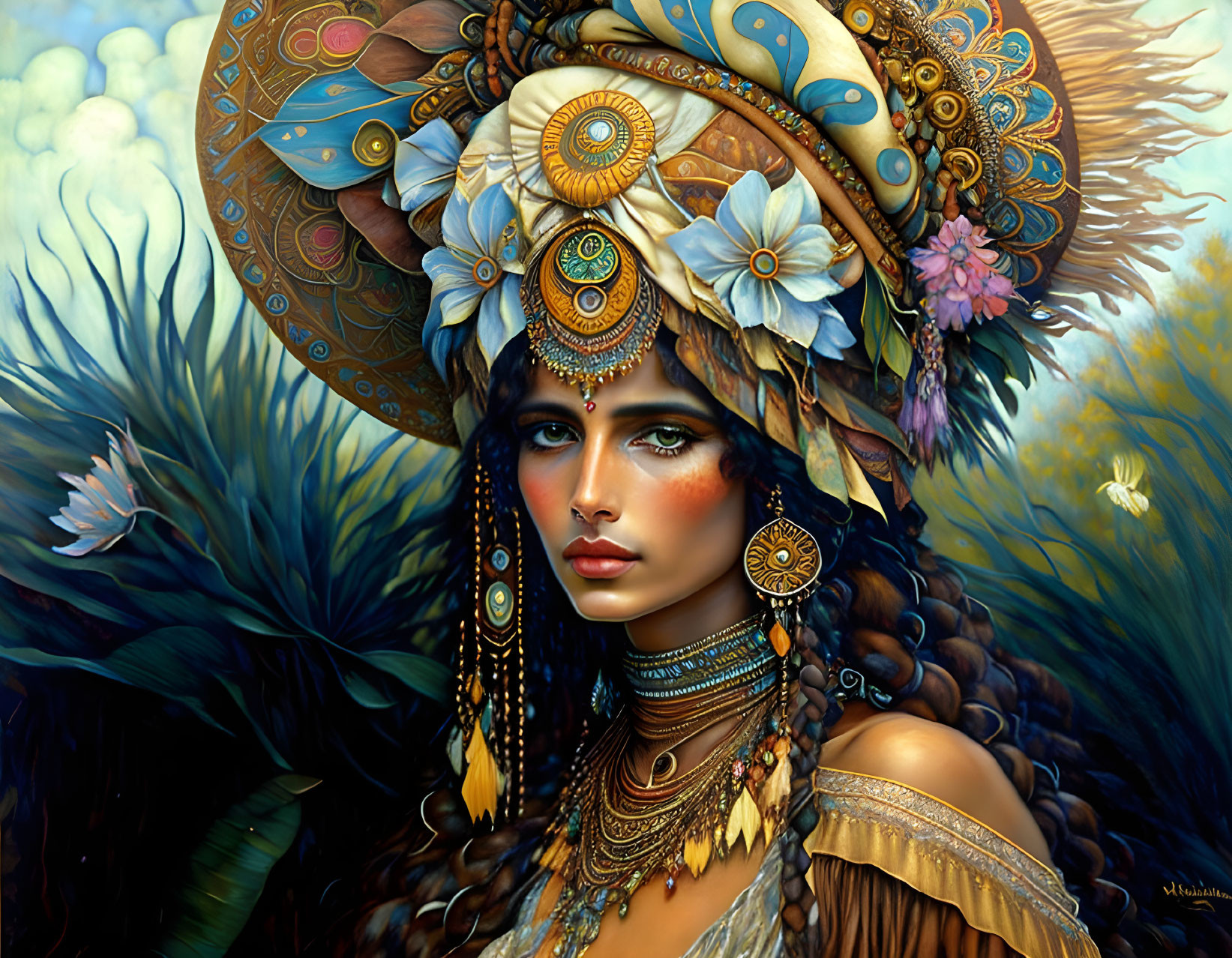 Digital art portrait of woman with ornate headdress in mystical forest