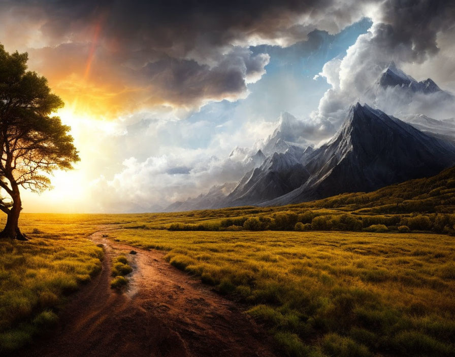 Golden field landscape with dirt path, mountains, and dramatic sky.