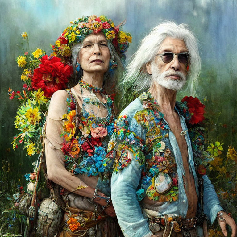 Elderly couple in vibrant floral and bohemian attire