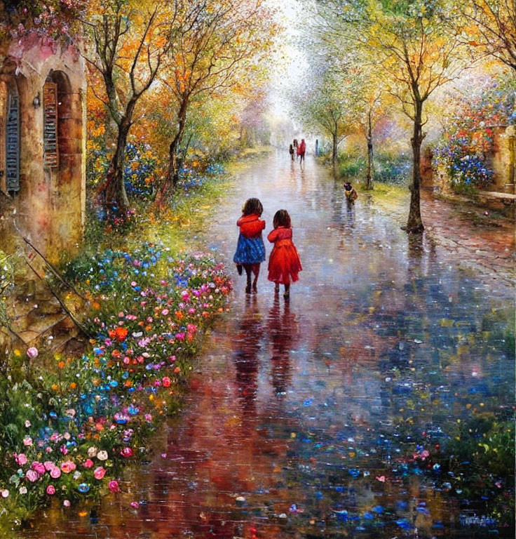 Vibrant alley with two children in red under impressionistic sky