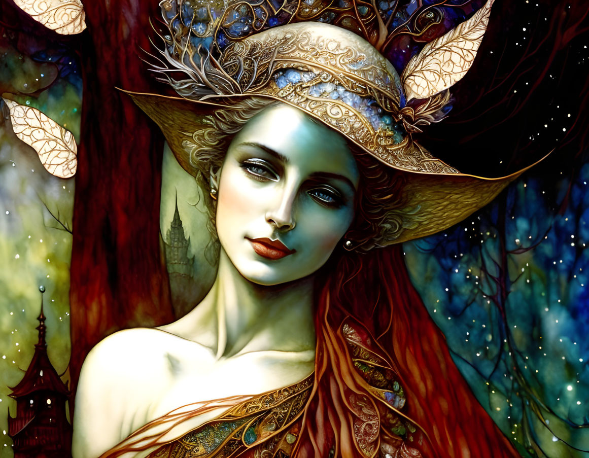 Fantasy illustration of woman with elaborate metallic and feather hat