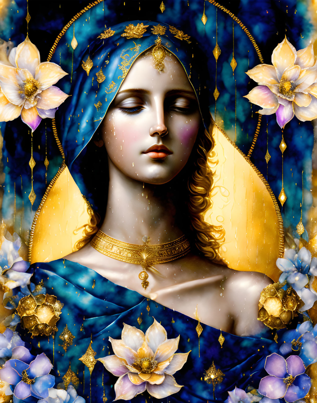 Serene female figure in blue and gold cloak with closed eyes amidst golden lotus flowers on starry