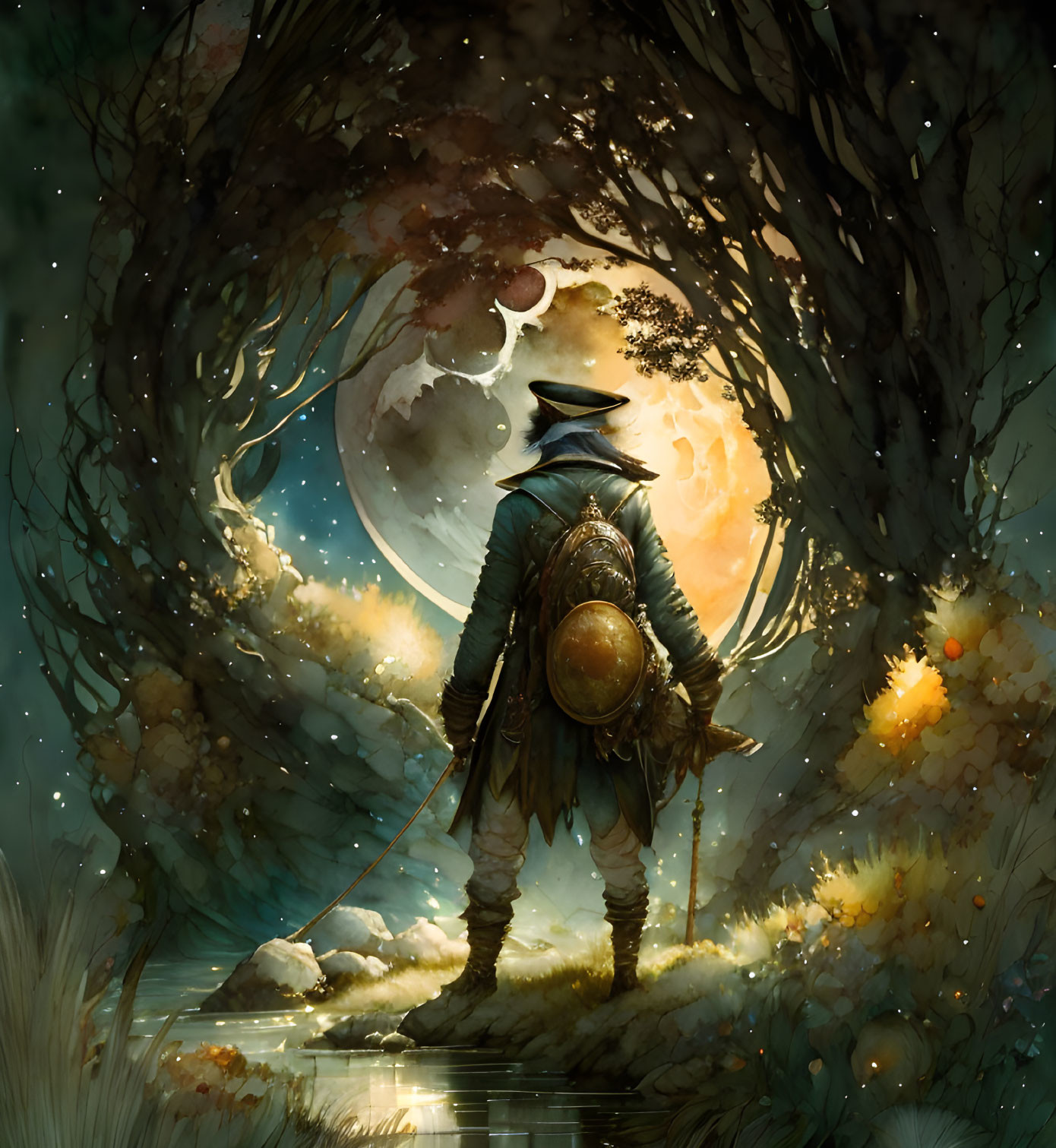 Cloaked figure with sword and shield at mystical forest portal under full moon