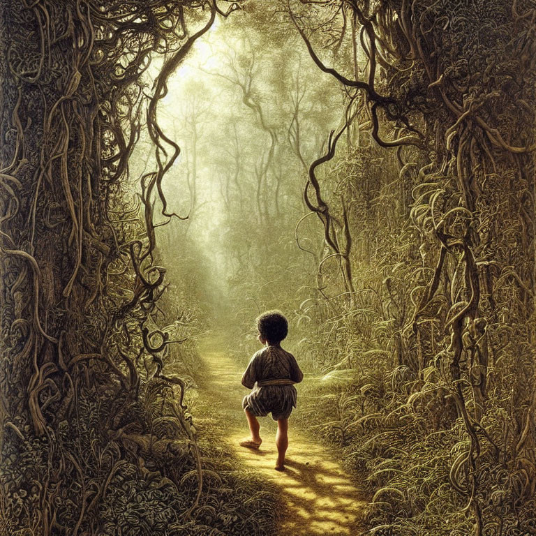 Child at Entrance of Mystical Forest Pathway with Sunlight Filtering Through Foliage