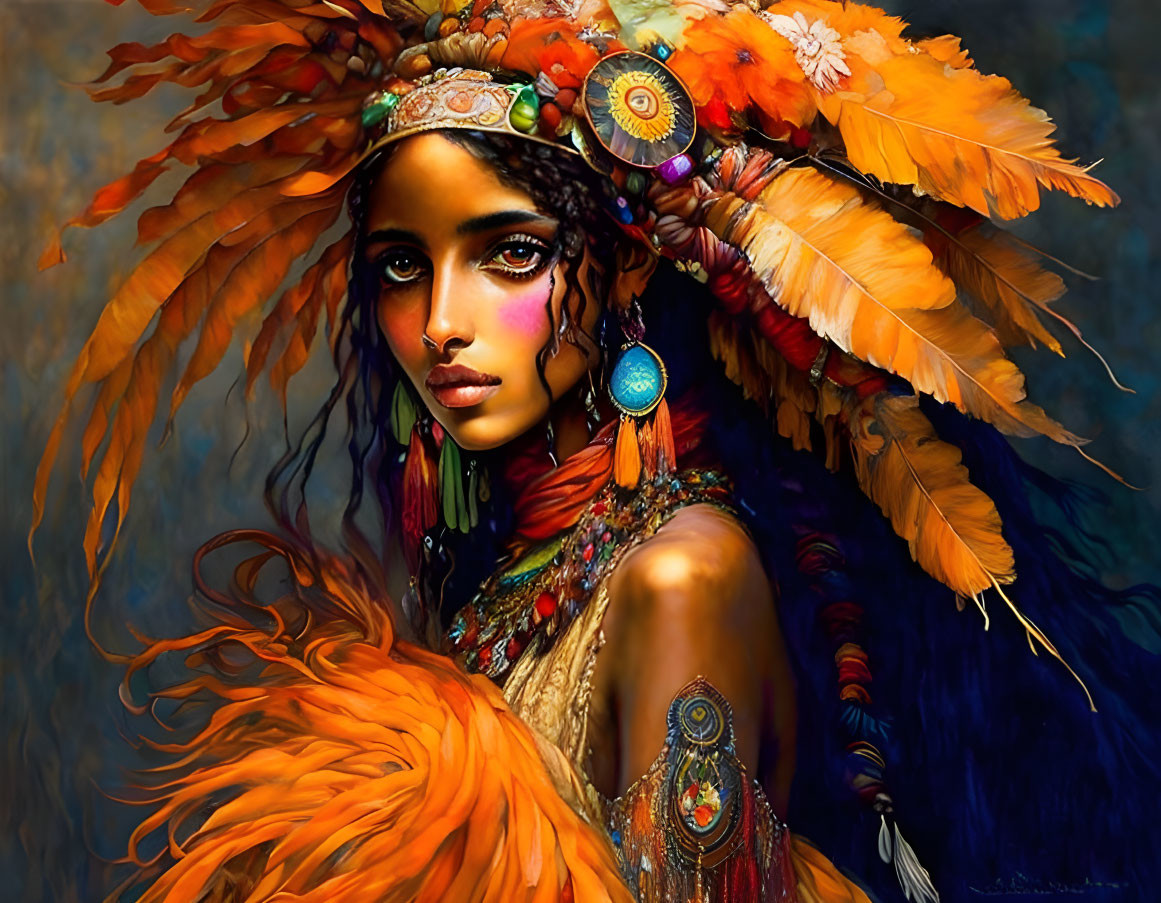 Vibrant woman portrait with feather headdress and jewelry in orange and blue tones