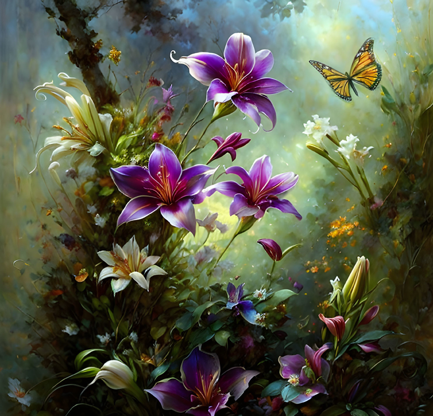 Purple and White Flowers with Butterfly in Mystical Forest Setting