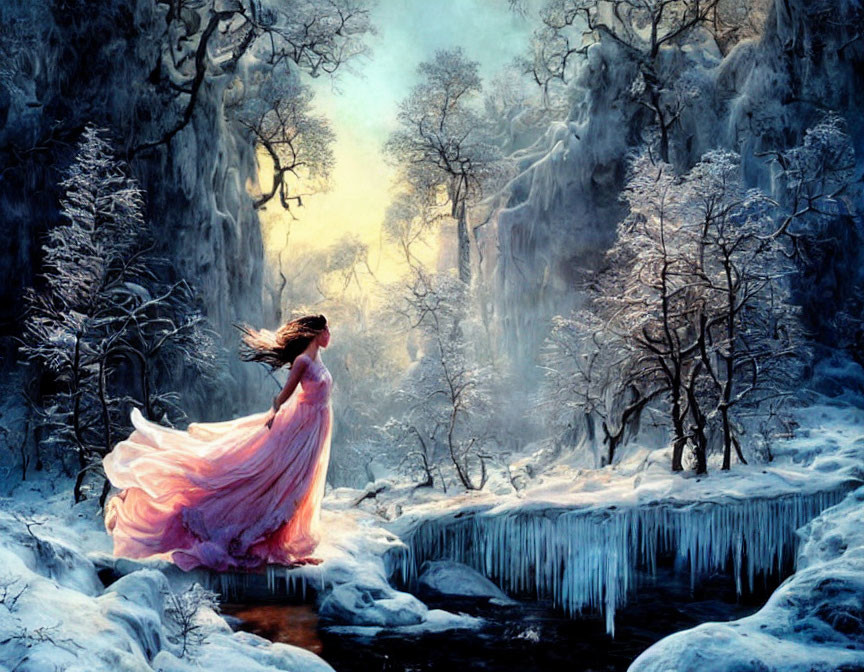 Person in Pink Dress Standing in Snowy Forest with Icicles