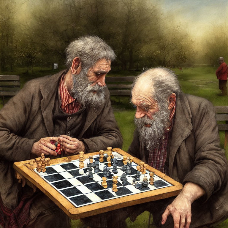 Elderly men playing chess in park with person walking