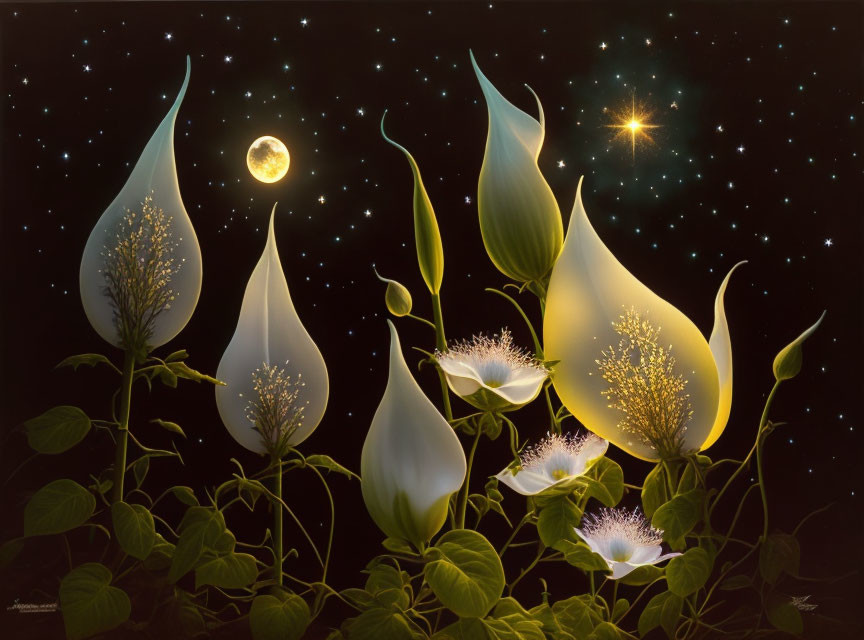 Glowing calla lilies under full moon and stars