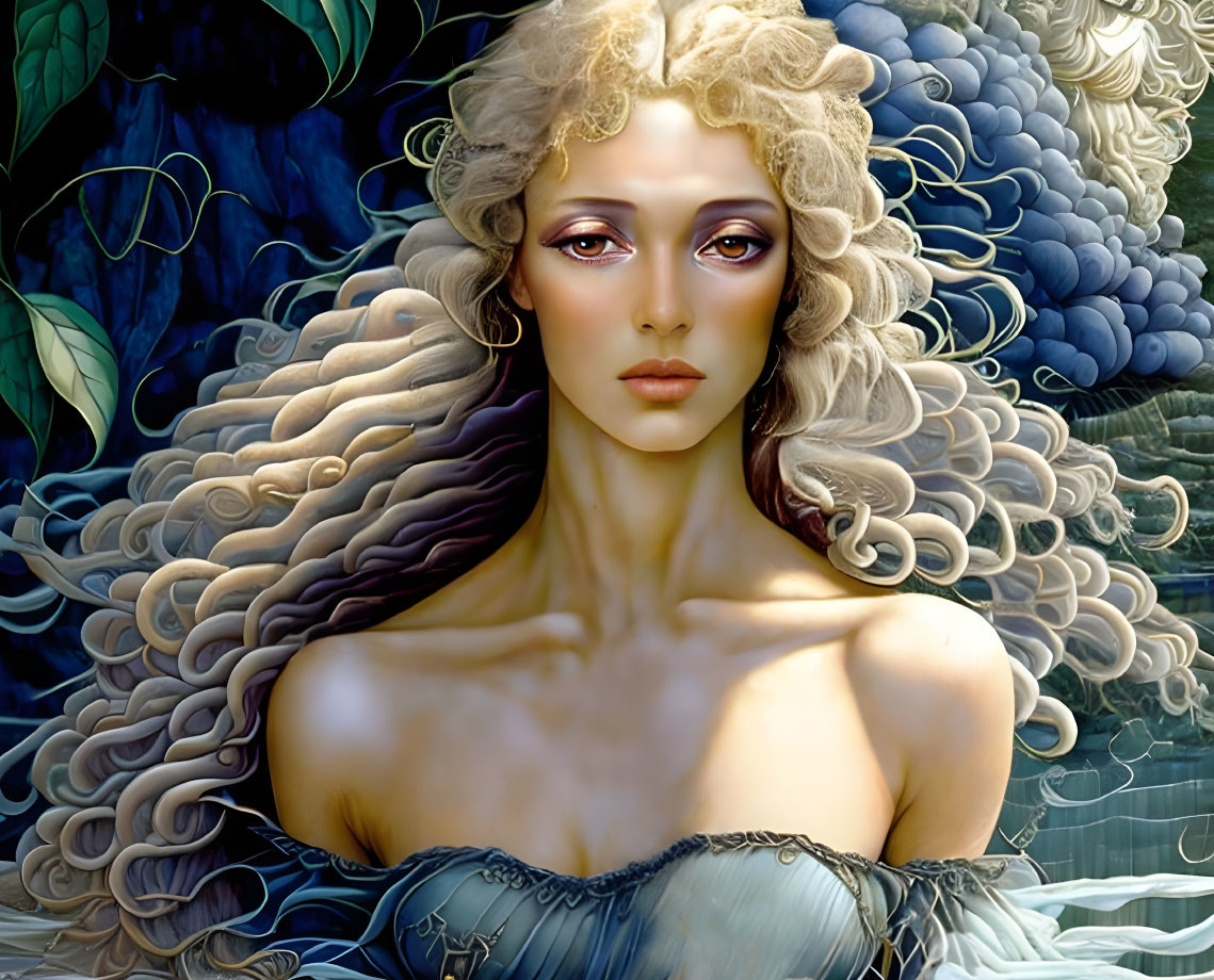 Illustrated Woman with Curly Hair and Blue Garment in Nature Setting