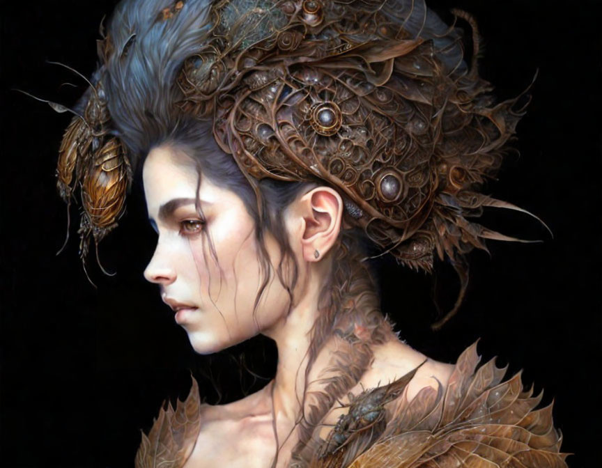 Fantastical woman with metal and feather hair adornments