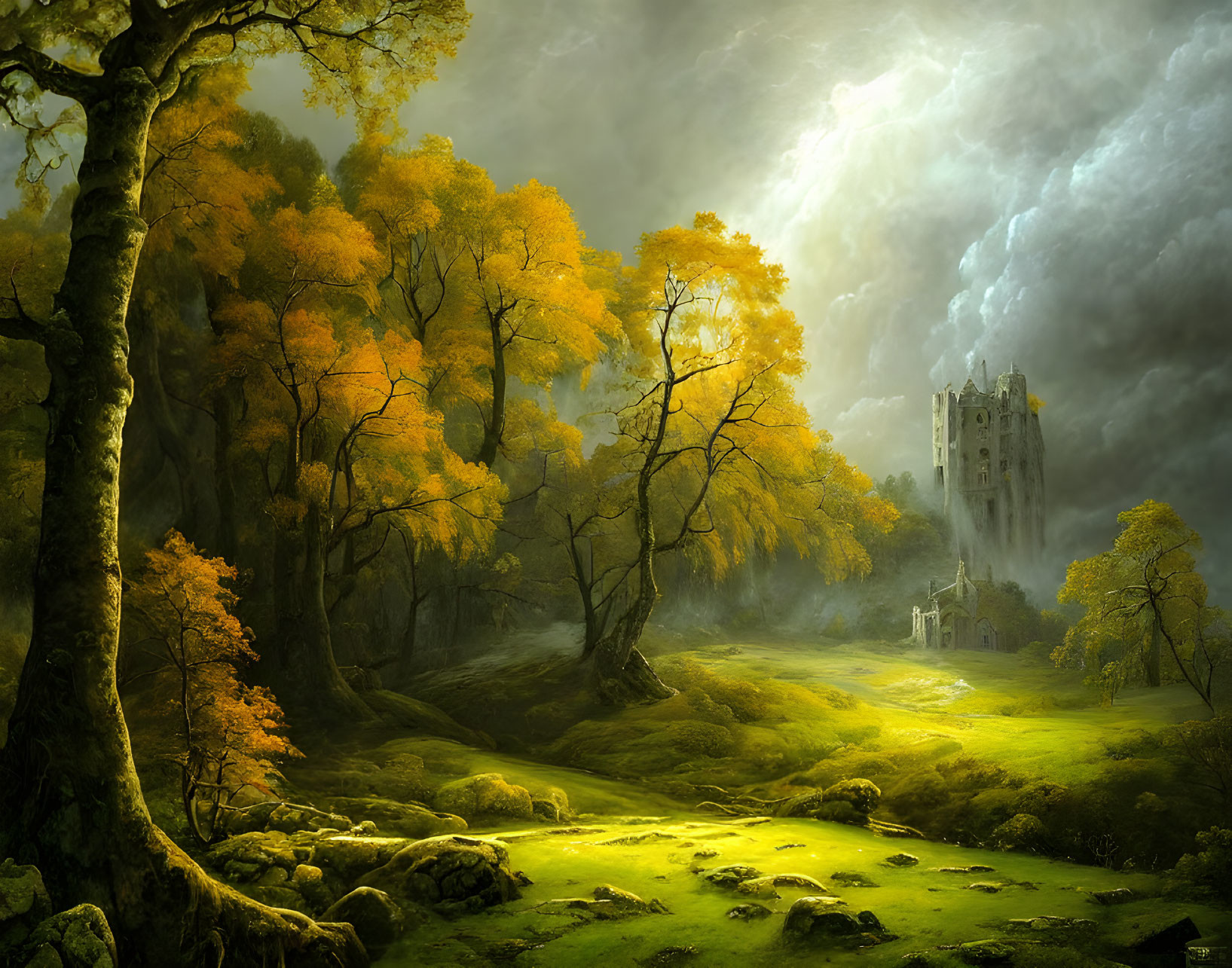 Golden autumn forest with sunlight, clouds, and misty castle.