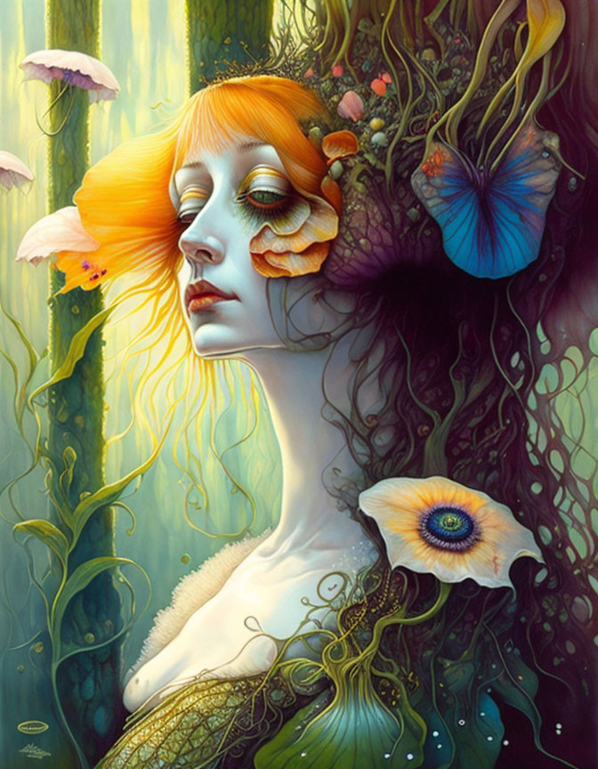 Surreal portrait of woman with nature elements and vibrant flowers