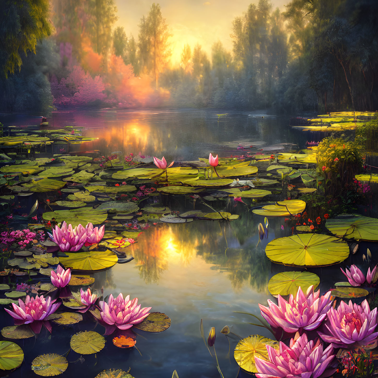 Tranquil Sunset Lake with Water Lilies and Lotus Flowers