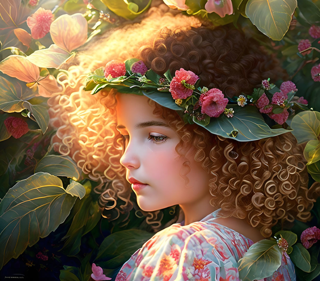 Curly-haired girl with floral headpiece in nature scene