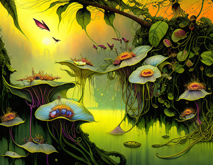 Fantastical landscape with whimsical plants and floating islands