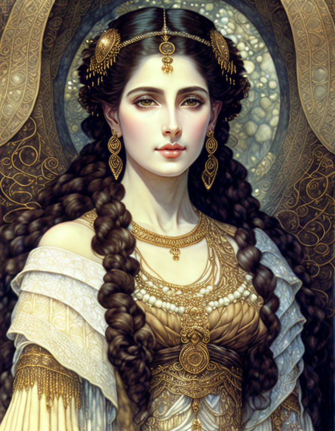 Illustrated Woman with Long Braids and Gold Adornments on Intricate Golden Background