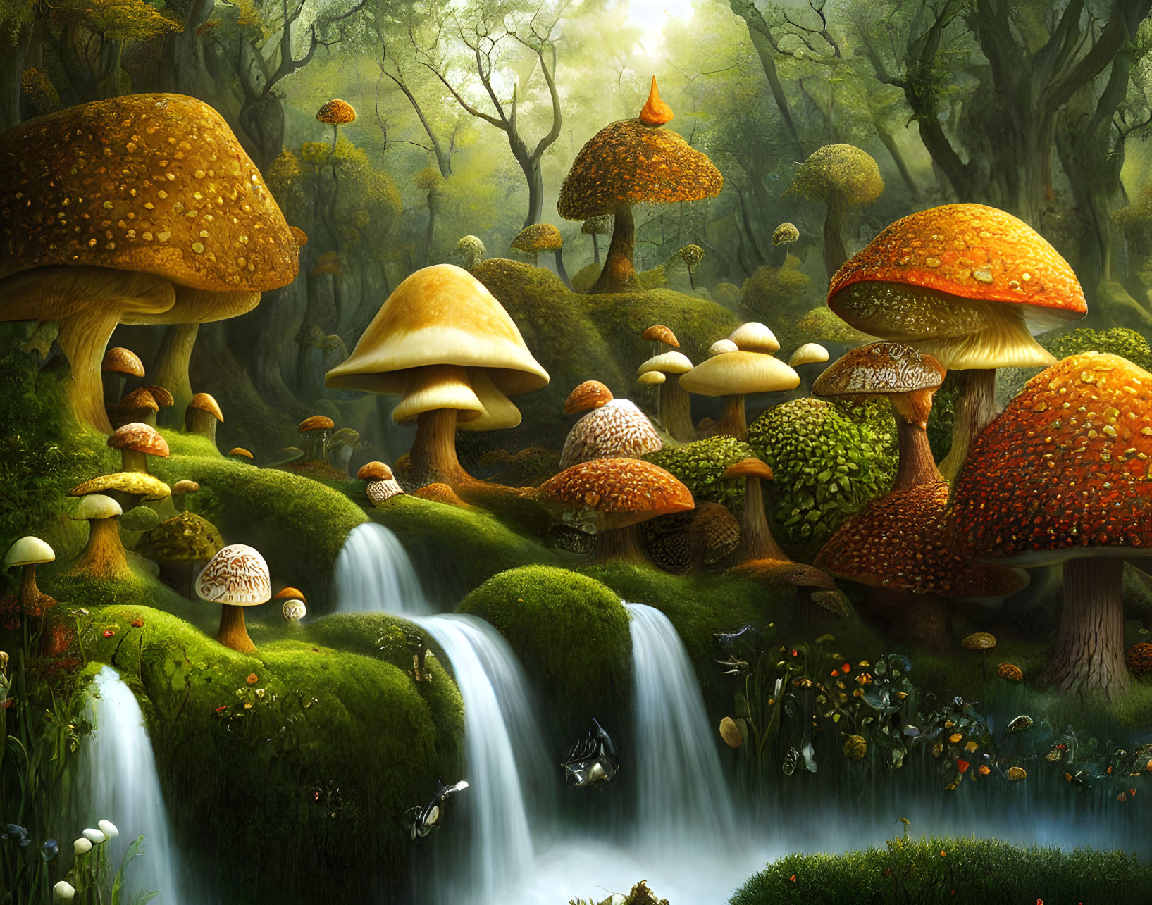 Fantasy Landscape with Oversized Mushrooms and Waterfalls