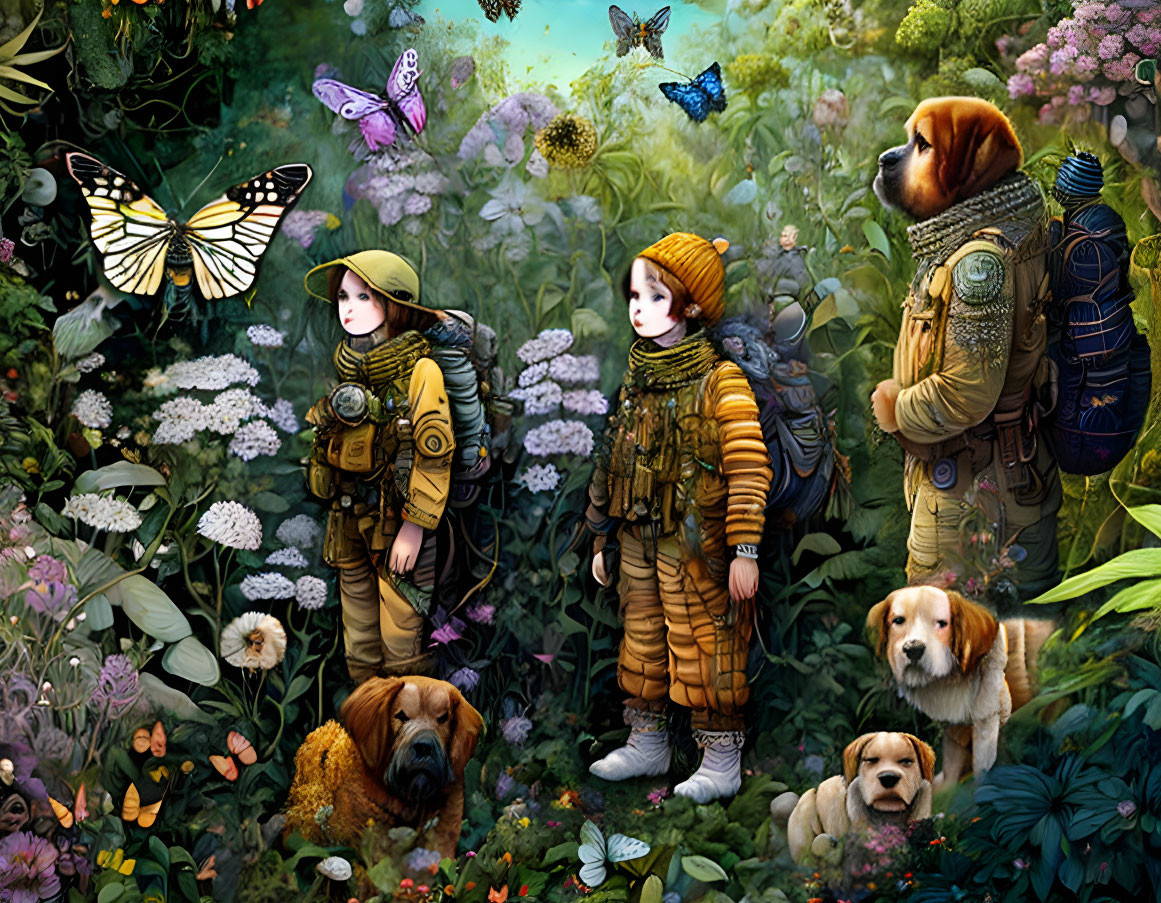 Children and dogs in fantastical forest with flowers and butterflies