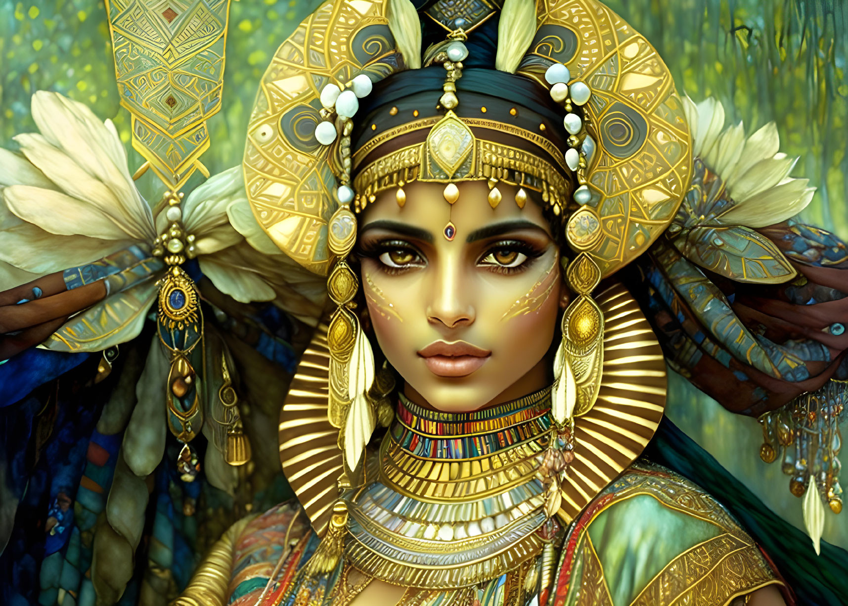 Elaborate gold headgear woman in lush greenery