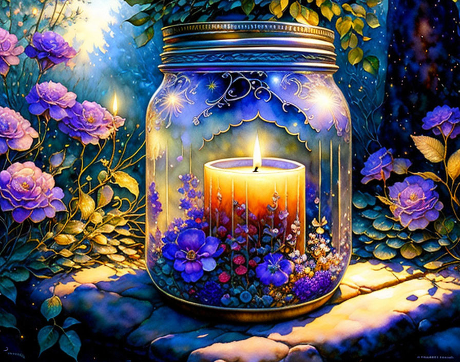 Colorful Candle Painting with Purple Flowers in Nighttime Garden